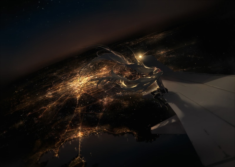 sky, hatsune, anime, landscape, long exposure, miku, Hatsune Miku, lighting equipment, nature, aircraft, glowing, architecture, transportation, motion