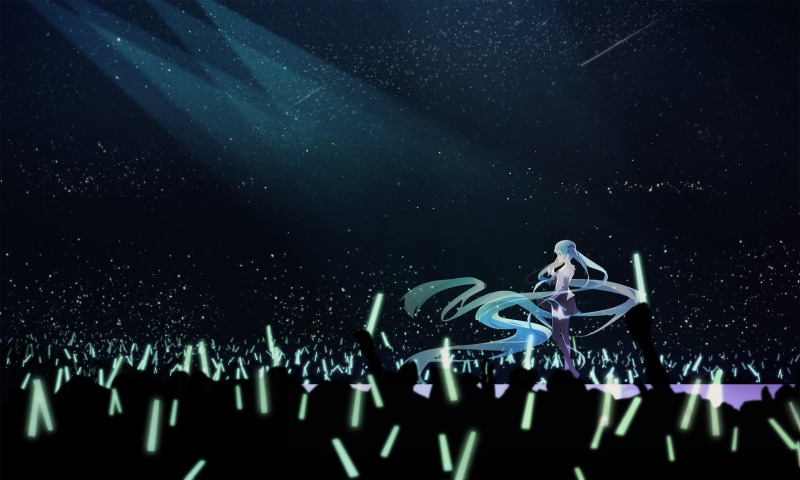 2K, twintails, boots, anime, star - space, performance, lighting equipment, tie, night, detached sleeves, group of people, space, crowd, nightlife, Hatsune Miku