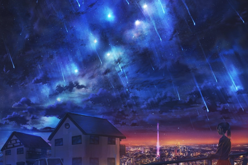 Tower, City, Girl, Original, Anime, 2K, Starry Sky, Shooting Star