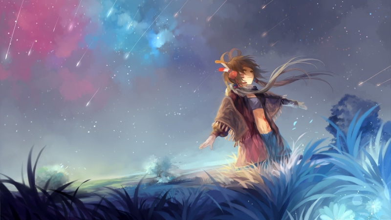 dancing, nature, happy face, Vocaloid, anime girls, long hair, clouds, belly, shooting stars, digital art, grass, stars, Luo Tianyi, closed eyes, manga