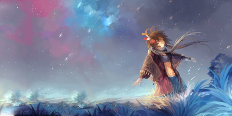 1080P, long hair, clouds, shooting stars, stars, grass, belly, Vocaloid, nature, dancing, sky, closed eyes, Luo Tianyi, anime girls, happy face, manga