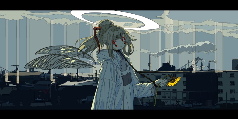 city, ultrawide, drawing, fantasy girl, anime girls, red eyes, anime, 8K, artwork, clouds, digital art, building, original characters, women, cityscape