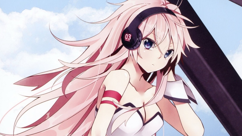 long, megurine, girl, haired, armbands, blue, hair, pink, vocaloid, cleavage, eyes, character, i-a, luka, 1080P, headphones, cuffs, girls, clouds, illustration