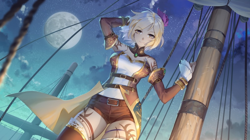 2D, digital art, fantasy art, Moon, anime, short shorts, looking at viewer, illustration, ship, artwork, bokeh, original characters, ropes, pirates, clouds