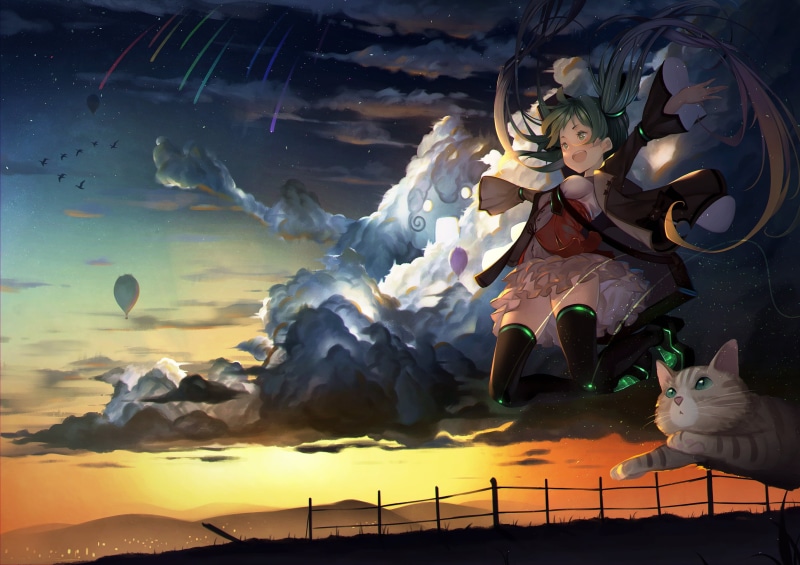 artwork, 2D, cats, long hair, fan art, drawing, anime girls, stars, anime, Hatsune Miku, 2K, thigh-highs, birds, pet, dress, sunset, women, open mouth