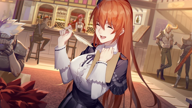 happy, drawing, redhead, anime boys, smiling, anime girls, tavern, digital art, fantasy art, 2K, open mouth, long hair, anime, 2D, illustration, depth of field