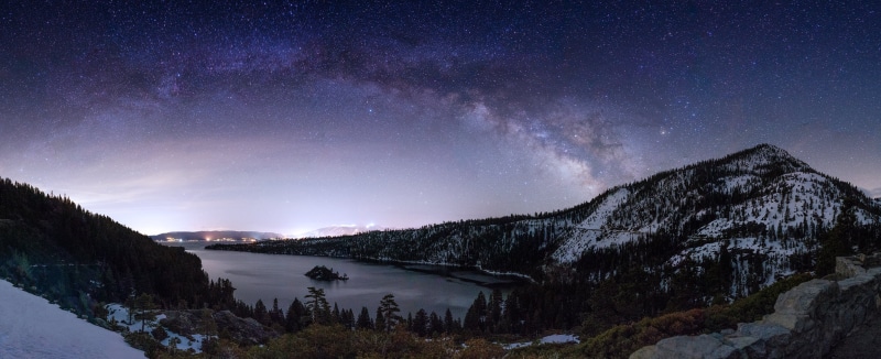 galaxy, 4K, light pollution, astronomy, Rokinon, stitched, constellation, Fannette Island, Lake Tahoe  California, mountain, scenic, time, Milky Way, water