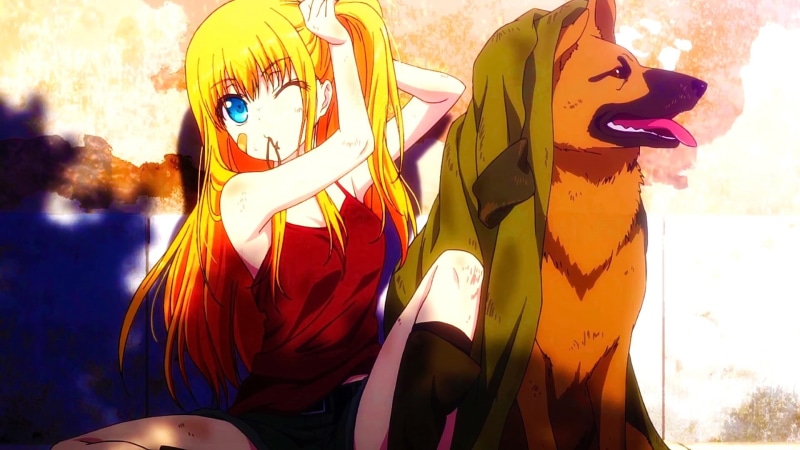 focus on foreground, Charlotte (anime), blue eyes, dog, anime girls, sitting, sky, wink, representation, celebration, creativity, multi colored, close-up