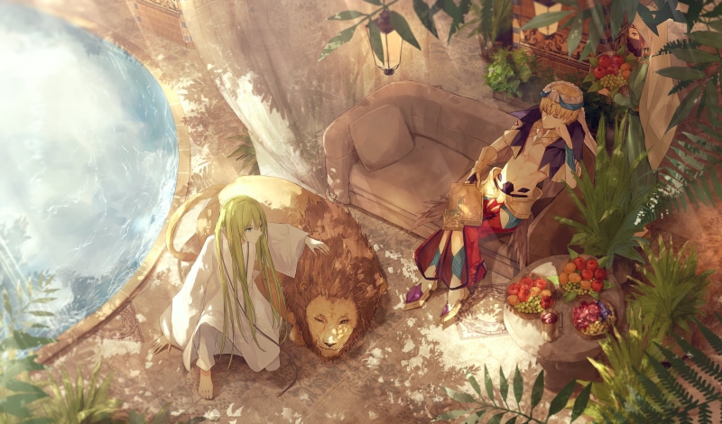 fan art, Fate/Grand Order, closed eyes, Enkidu (FGO), Gilgamesh, 1080P, lion, 2D, thighs, apples, long hair, smiling, armor, FGO, blushing, green eyes