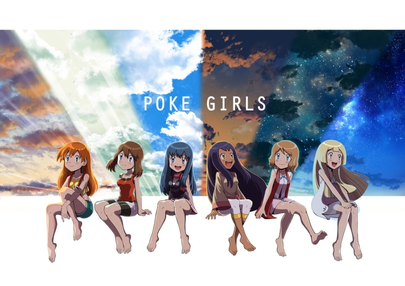 Serena (Pokémon), Purple Hair, Blush, Blonde, togetherness, Stars, outdoors, Cloud, White Dress, Brown Hair, Iris (Pokémon), full length, Pokémon, Green Eyes