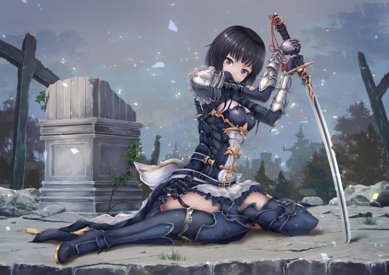 day, black hair, full length, clothing, women, short hair, 720P, young women, security, young adult, stockings, trees, purple eyes, anime girls, casual clothing