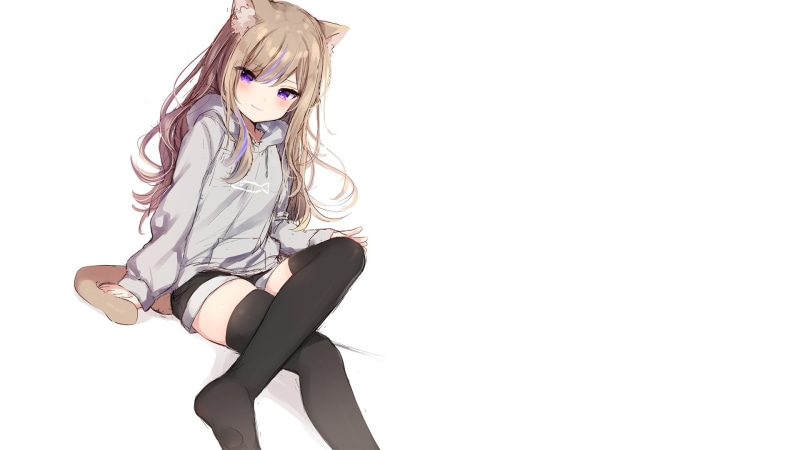 shorts, stockings, long hair, manga, black legwear, blond hair, sweatshirts, sitting, nekomimi, purple eyes, simple background, bangs, smiling, 1080P