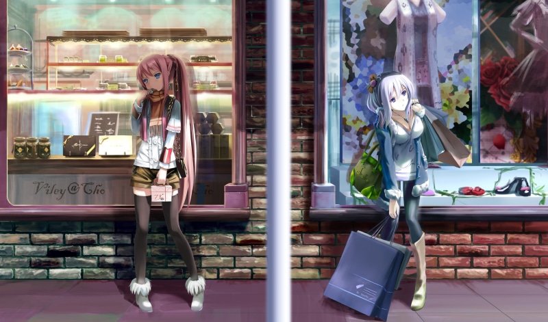 store, mannequin, display, human representation, transparent, choice, anime girls, window, female likeness, long hair, original characters, glass - material