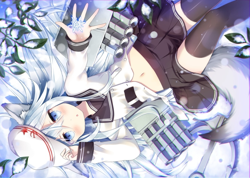 thigh-highs, blushing, nature, white hair, anime, close-up, white, school uniform, representation, backgrounds, skirt, snow, animal ears, plastic, Kantai Collection
