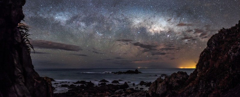 water, sea, night, stars, tranquility, clouds, space, scenics - nature, space and astronomy, star - space, beach, nature, no people, rock - object, rock