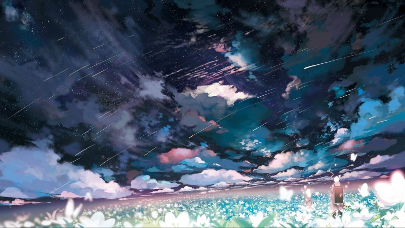 Night, Mushishi, Cloud, Ginko (Mushishi), Landscape, Shooting Star, Flower, Anime, 1080P