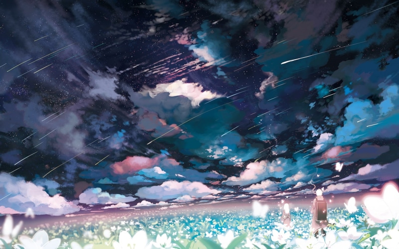 stars, flowers, 720P, butterfly, mushishi, shooting, clouds, sky, (mushishi)anime, ginko