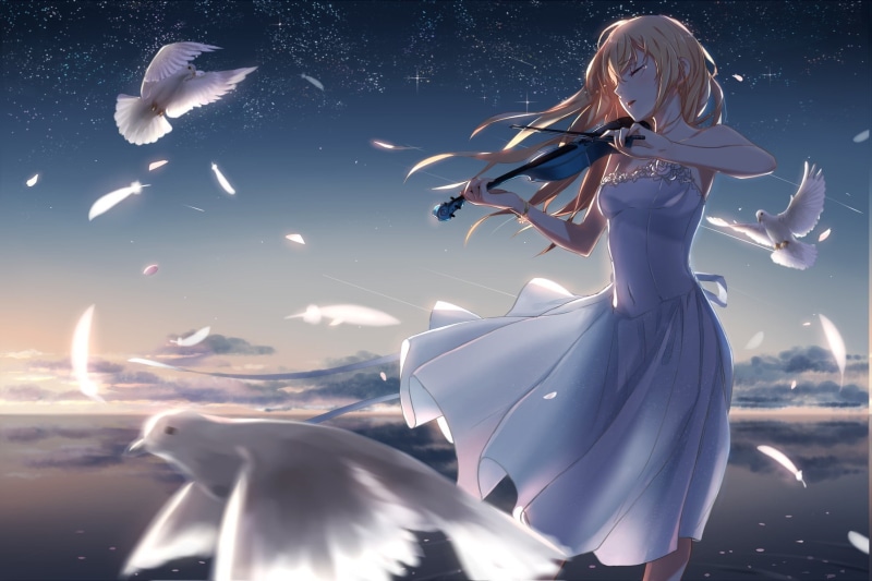 white dress long hair tears birds feathers flower petals sky clouds shooting stars water anime girls anime violin shigatsu wa kimi no uso miyazono kaori
