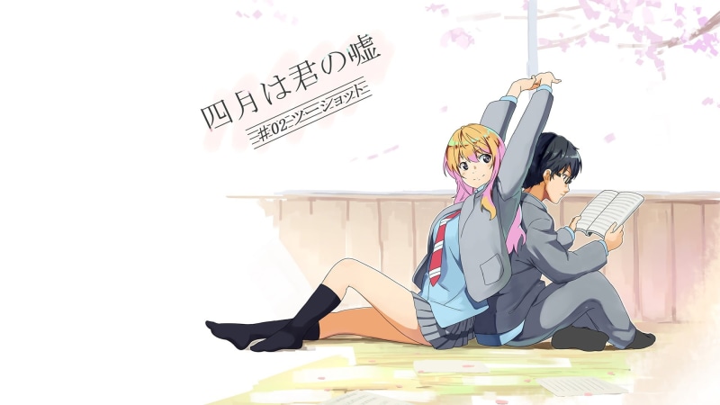 characters, anime, real people, Arima Kousei, hairstyle, sitting, office, communication, women, text, Miyazono Kaori, wall - building feature, full length
