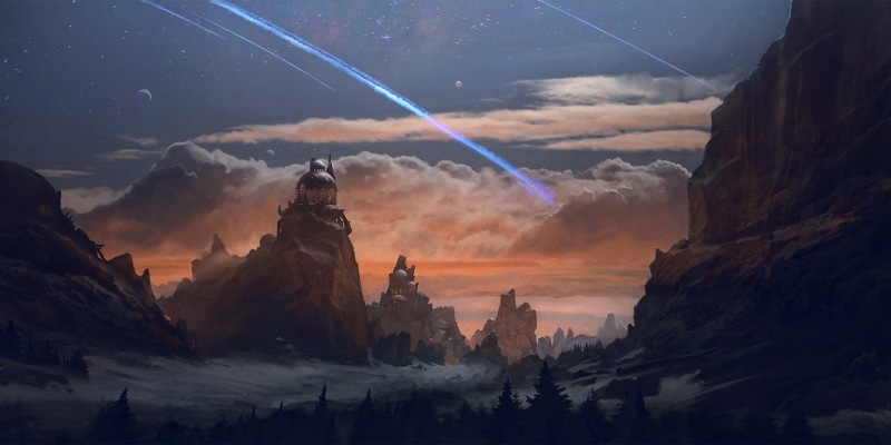 tranquil scene, landscape, no people, sunset, drawing, trees, star - space, shooting stars, solid, cloud - sky, beauty in nature, space, digital art, sky