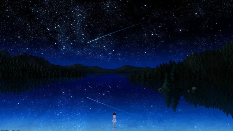 constellation, night, galaxy, anime girls, nature, star, standing, space, beauty in nature, sky, tree, water, star field, lake, outdoors, real people, milky way