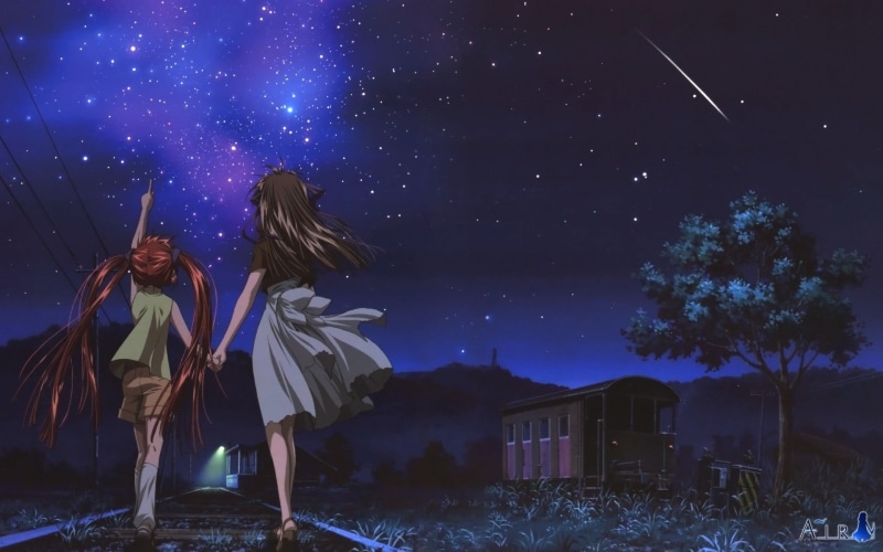 anime girls, Air (anime), night, women, stars, leisure activity, 1080P, standing, anime, togetherness, astronomy, real people, star, adult, built structure