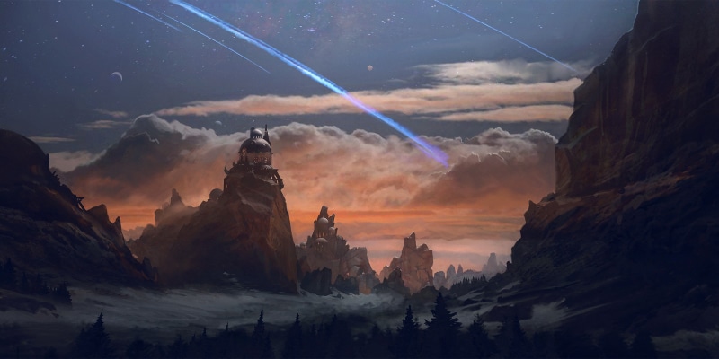 drawing, art, digital, clouds, shooting, stars, mountain, snow, landscape, shooting stars, digital art, trees, sky, exphrasis, 1080P