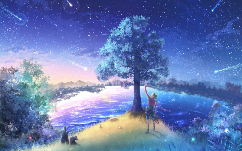 plant, lake, beauty In Nature, boy, water, painting, astronomy, blue, landscape, front, hill, space art, digital composite, constellation, trees, non-Urban Scene