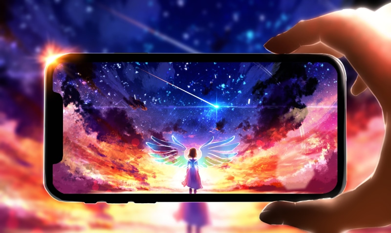 night sky, smartphone, night, artwork, sunset, sunlight, fantasy girl, phone camera, horizon, anime girls, stars, camera, wings, landscape, colorful, environment