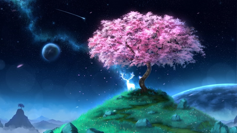 Anime, Shooting Star, Original, Starry Sky, Tree, Deer, Planet, 1080P