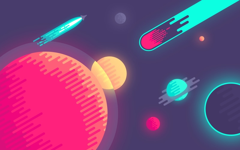 minimalism, colorful, comic art, comet, Abduzeedo, artwork, 8-bit, space art, planet, digital art, 2K, spaceship, rocket, vector, space
