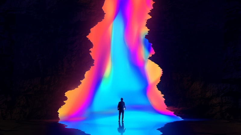 Portal , solid, standing, water, multi colored, silhouette, 1080P, women, rock, full length, graphic design, adult, rear view, scenics - nature, rock - object