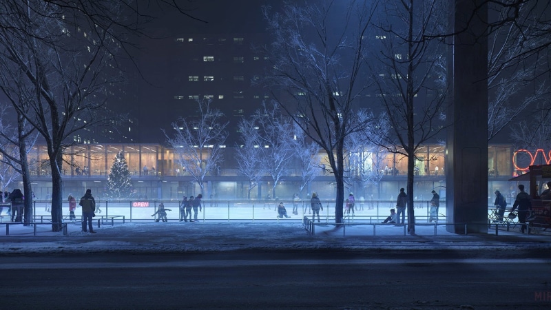 Tree, real people, nature, Winter, Original, City, Night, group of people, street, tree trunk, bare tree, Anime, snowing, built structure, architecture