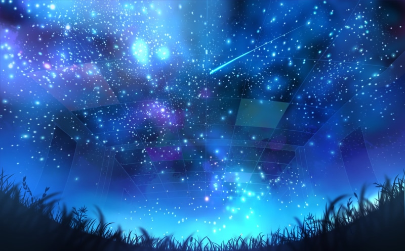 Night, Anime, Grass, Light, Stars, Comet, Original, 1080P