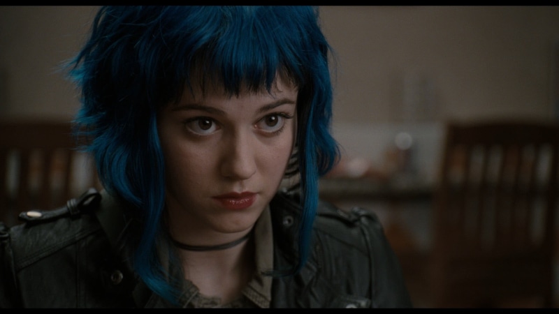 portrait, adult, looking at camera, child, choker, focus on foreground, dark, hairstyle, headshot, front view, blue hair, beautiful woman, close-up, Ramona Flowers