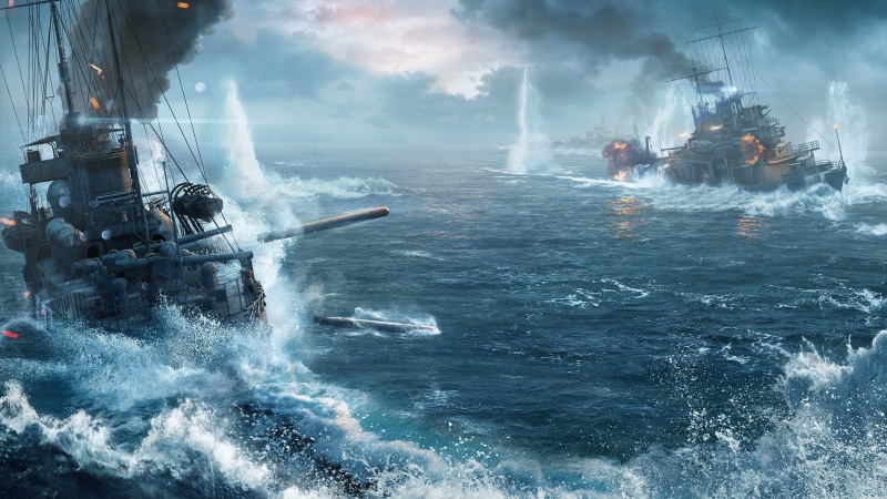 flame, warships, battle, smoke, Wargaming Net, shot, game, ships, world, fire, torpedo, WoWS, waves, battlefield, WG, World of Warships, 1080P, clouds