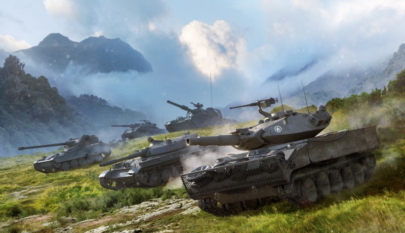 9.18, Mountains, T-100 LT, WoT, Rheinmetall Armored Car, Wargaming Net, Clouds, XM551 Sheridan, 4K, Grass, AMX 13 105, Light Tanks, Dust, The sky, Tanks