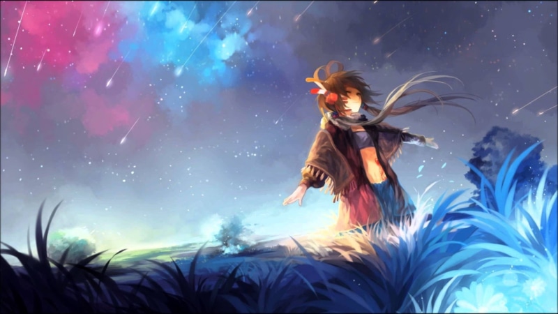 1080P, anime girls, comet, three quarter length, blue, one person, cold temperature, women, smiling, winter, nature, young adult, sky, clothing, night sky