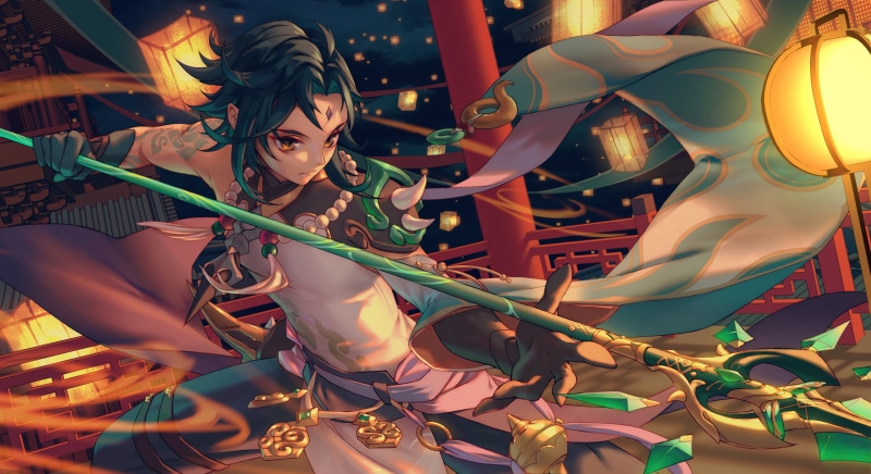 spear, 4K, Genshin Impact, digital art, video games, xiao, video game art