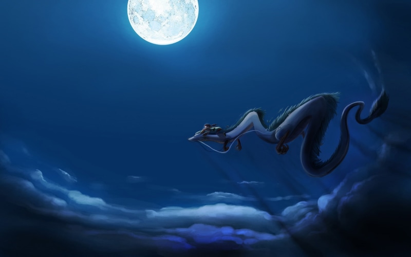 dragons, art, spirited, Hayao Miyazaki, hayao, Cartoons, miyazaki, wallpap, moons, night, x, moon, hd, 1080P, skyscapes, movies, anime, away, space