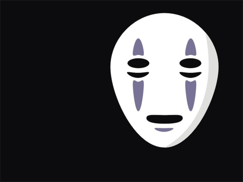 black color, minimalism, geometric shape, white color, mask, Hayao Miyazaki, circle, smiling, human representation, digital, no people, studio shot, single object