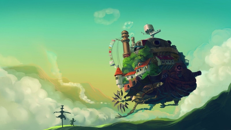 built structure, sky, male likeness, architecture, cloud - sky, Studio ghibli, representation, outdoors, statue, female likeness, art and craft, creativity