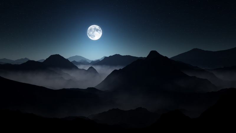moon, Otto Hütter, full moon, mountains, foggy, moody, the sky, 1080P, night, fog, lighting, darkness, stars, landscape