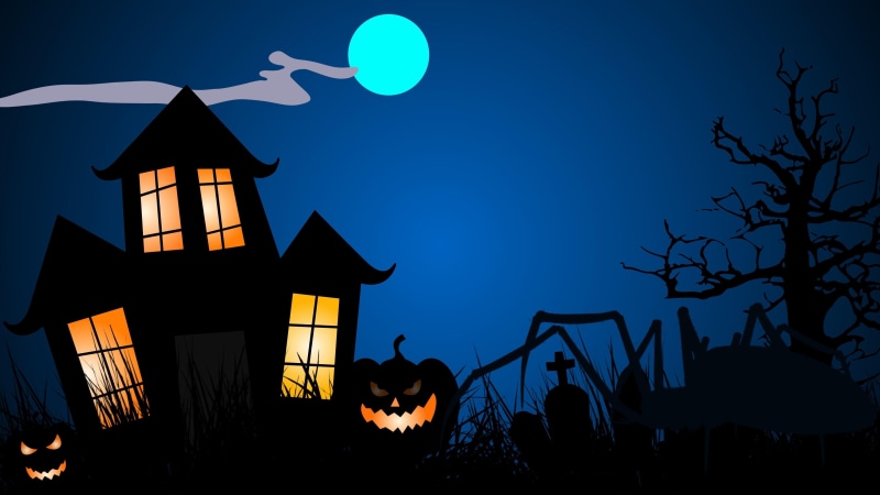 house, night, cemetery, silhouette, midnight, lighting, light, moon, creepy, tree, 4K, halloween, dark, illustration, full moon, sky, moonlight, pumpkin