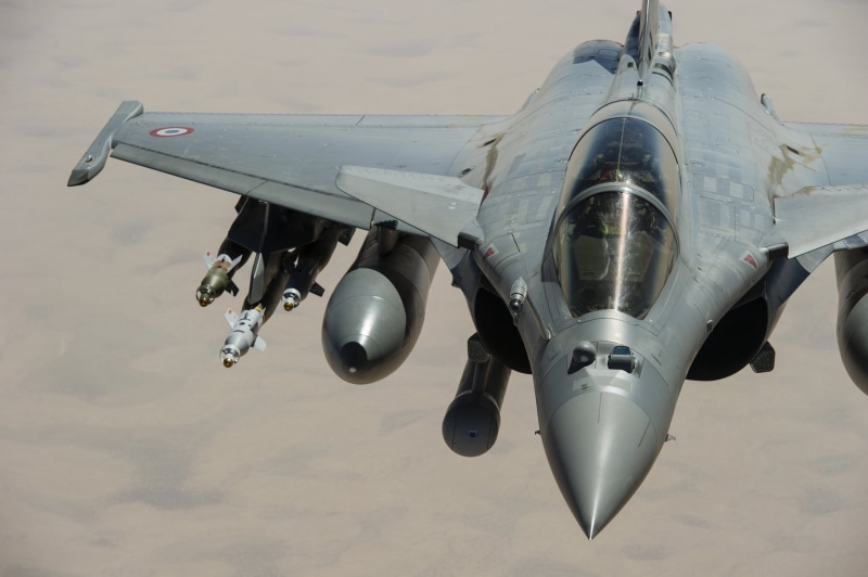 plane, explosive, aircraft, jet fighter, no people, mid-air, Dassault Rafale, single object, fighter plane, sky, mode of transportation, transportation