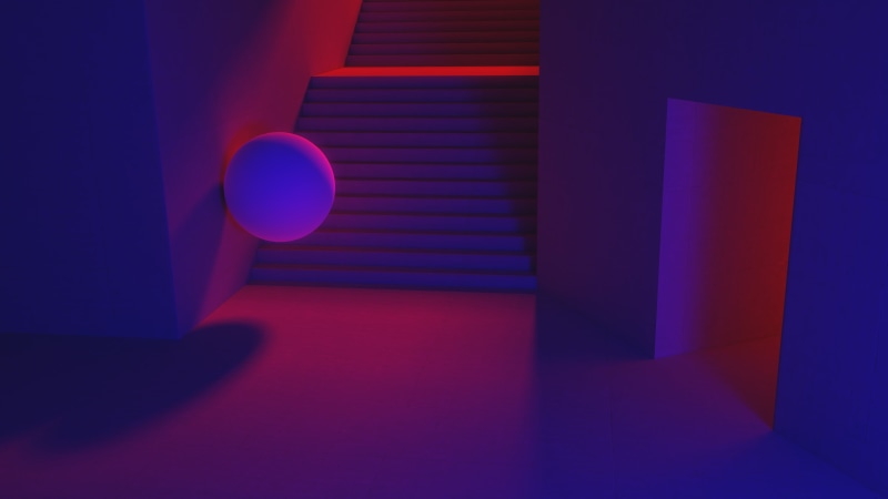 minimalism, Blender, blue, material minimal, red, abstract, 4K, CGI, red light, neon, render, digital art, architecture, blue light, concrete, stairs