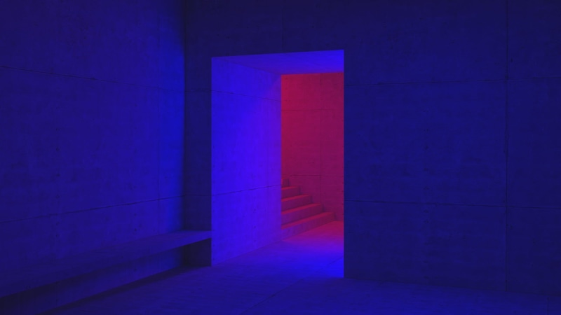 Blender, urban, digital lighting, neon, cyberpunk, concrete, urban decay, red light, blue, blue light, CGI, minimalism, render, Nightclub, stairs, material minimal