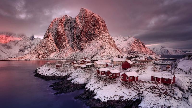nature, mountain, 1080P, snow, norway, winter, lofoten islands, red houses, reine, fishing village, lofoten