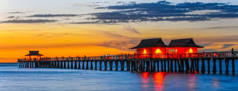 docking, gulf, landscapes, yellow, blue, 5K, water, Naples, scenics, sunset, outdoors, jetty, wood - Material, nature, sky, tropical Climate, seascape