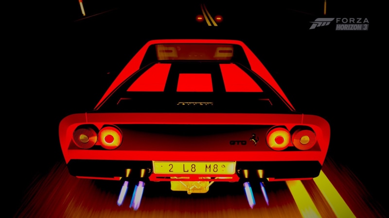 toy, lighting equipment, illuminated, forza horizon 3, car, western script, 1080P, wheel, indoors, red, mode of transportation, studio shot, ferrari 288 gto